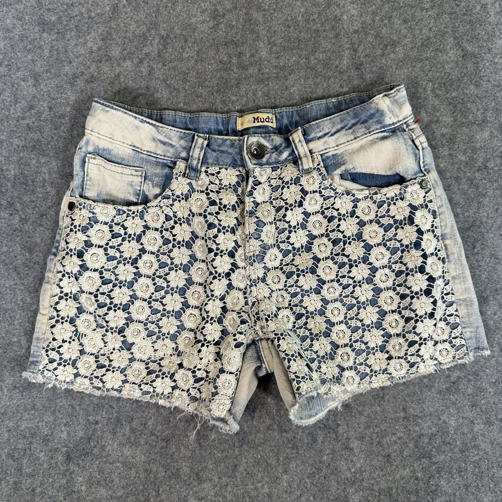 Mudd‎ GBM13204 Denim Shorts 16 Blue Acid Wash Floral Lace Overlay